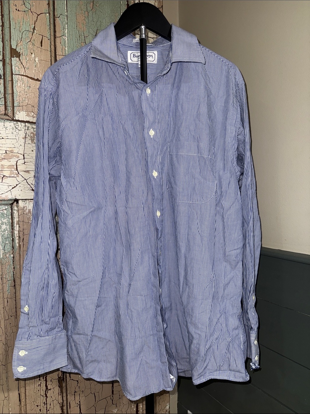 Vintage Burberrys of London Men’s 17-34 Blue Stripe Dress Shirt Made USA